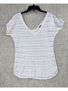 Vanity Womens White Knit Semi-Sheer Short Sleeve V-Neck Top Size M